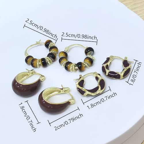 Blue Drop 3 Pairs Brown Earrings for Women Boho Vintage Brown Resin Enamel Chunky Hoop Earrings Irregular Beaded Jewelry