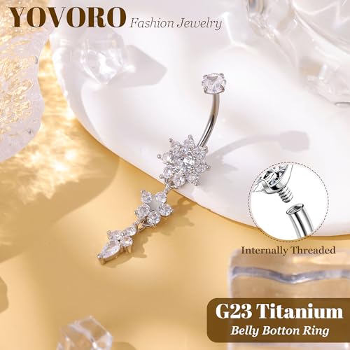 14G G23 Titanium Dangle Belly Button Rings for Women CZ Round Belly Rings Internally Threaded Flower Navel Ring Hypoallergenic Curved Barbell Belly Piercing Jewelry - style: Flower-Silver