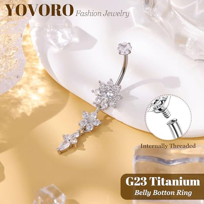 14G G23 Titanium Dangle Belly Button Rings for Women CZ Round Belly Rings Internally Threaded Flower Navel Ring Hypoallergenic Curved Barbell Belly Piercing Jewelry - style: Flower-Silver