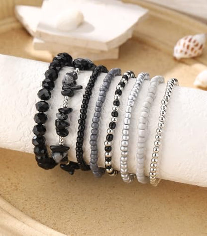 Noessla Boho Beaded Bracelets for Women Stackable Irregular Natural Stone Bead Stretch Bracelet Set 8PCS Costume Jewelry Gifts for Her - color: Black&Grey