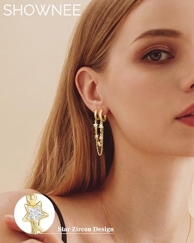 Tassel Chain Small Gold Hoop Dangle Earring For Women Huggie Earring Heart Star CZ 14K Gold Plated Fashion Jewelry Graduation Gift for Her Mothers Day Gifts for Mom - color: Double-Star-Gold