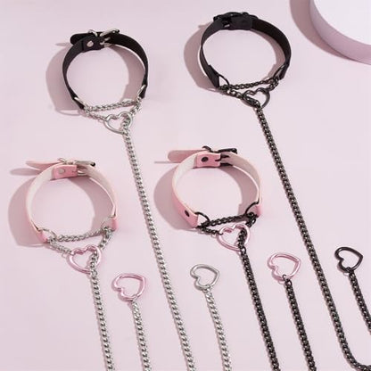 Slip Chain Necklace with Leather Choker Stainless Steel Cuban Link Long Lariat Necklace Punk Rock Heart Chain Necklace Handmade Collar for Women - color: Pink&Black