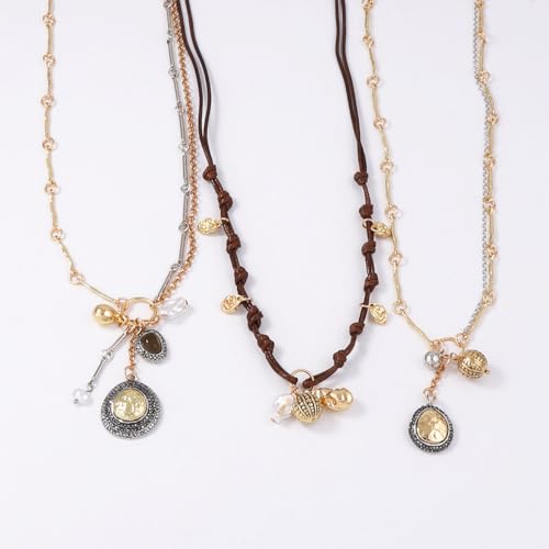LUREME Vintage 3-in-1 Layered Necklace Set for Women, Gold Coin & Brown Wax Rope Boho Jewelry(nl006387)