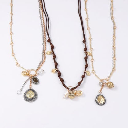 LUREME Vintage 3-in-1 Layered Necklace Set for Women, Gold Coin & Brown Wax Rope Boho Jewelry(nl006387)