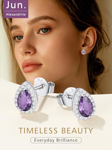 FindChic Birthstone Earrings for Women, Round/Heart/Square/Teardrop Earrings with 925 Sterling Silver Posts & Push Backs, Hypoallergenic Studs with Cubic Zirconia, 12 Months Jewelry with Gift Box - style: 06. June-Alexandrite (Teardrop)