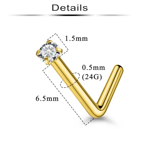 6Pcs Nose Rings Studs Surgical Steel L-Shape Nose Rings for Women 1.5mm Cubic Zirconia Nostril Screw Studs Hypoallergenic Nostril Piercings 24g 22g 20g - color: L-shape,goldtone, size: 24g,1.5mm CZ