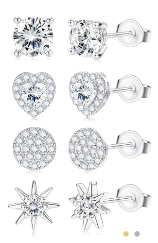 SAILIMUE Hypoallergenic Sterling Silver Stud Earrings for Women Men | Brilliant Heart Knot Round Cubic Zirconia Earring Studs for Sensitive Ears Gold Silver Tone - color: silver-A