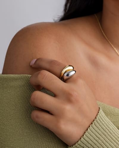 PAVOI 14K Gold Plated Mixed Metal Chunky Two Tone Wavy Dome Rings Pack for Women | Statement Ring Set