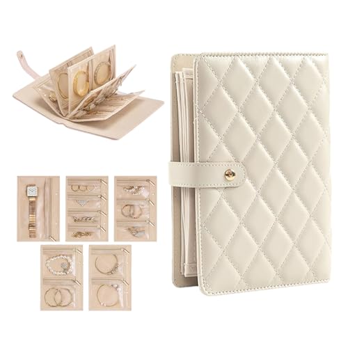 Travel Jewelry Organizer Case,Portable Checkered Jewelry Storage Bag,Velvet Lined Zipper Pouch for Earrings,Necklaces Rings (Beige) - color: Beige
