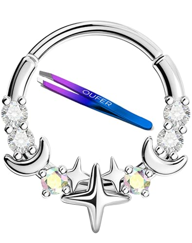 OUFER 16G Silver Gold Moon Star Hinged Segment Septum Ring 316L Surgical Stainless Steel CZ Septum Jewelry 8mm 10mm Inner Diameter with Free Tweezer Helix Tragus Conch Lip Piercing Jewelry for Women - color: Silver