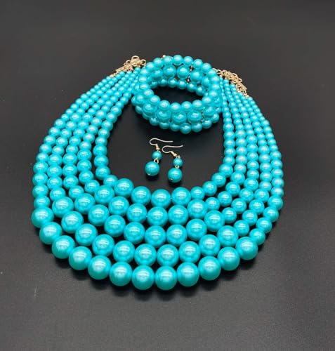 Faux Big Pearl Srand Necklaces for Women 5 Layers Pearls Choker Bib Collar Necklace Bracelet and Earrings set 1920s Costume Pearl Jewelry Bridal Wedding - color: light blue
