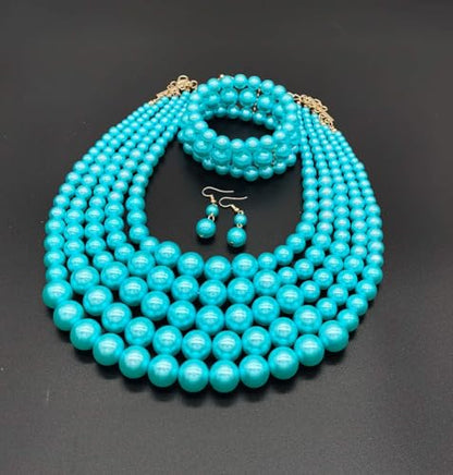 Faux Big Pearl Srand Necklaces for Women 5 Layers Pearls Choker Bib Collar Necklace Bracelet and Earrings set 1920s Costume Pearl Jewelry Bridal Wedding - color: light blue