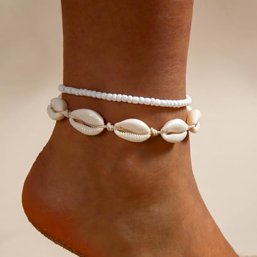 Qceasiy Starfish Ankle Bracelets for Women, Boho Beaded Beach Anklets Set | Gold-plated layered anklets in seashell, disc, and conch styles, with stretch or adjustable fits for summer beach outfits. - color: White 4
