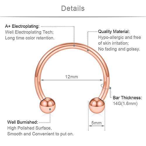 SCERRING 8PCS 16G Stainless Steel Nose Septum Horseshoe Earring Eyebrow Septum Lip Helix Tragus Piercing Ring 6-12mm - color: 8PCS - 14G Rose Gold