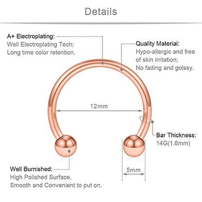 SCERRING 8PCS 16G Stainless Steel Nose Septum Horseshoe Earring Eyebrow Septum Lip Helix Tragus Piercing Ring 6-12mm - color: 8PCS - 14G Rose Gold