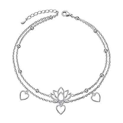 Flyow Anklet for Women S925 Sterling Silver Adjustable Foot Beaded Heart Charm Ankle Bracelet Anklets Jewelry - style: lotus