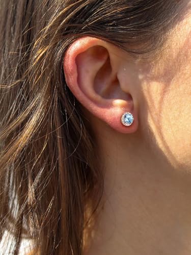 Suplight 925 Sterling Silver Birthstone Stud Earrings for Women, Round/Heart/Teardrop/Square Crystal Diamond Earrings for Women, Dainty Birthday Gifts Jewelry - color: style a-03. round-March(Created Aquamarine)