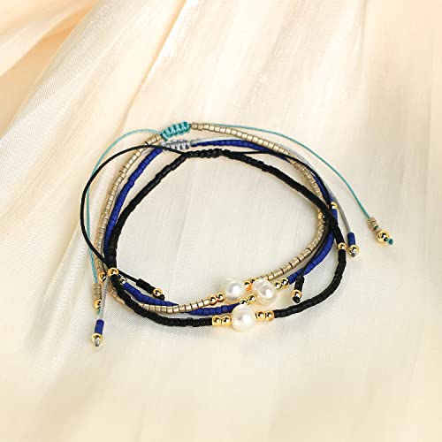 KELITCH 3 PCS Natural Pearls Bracelets Women Strand Thin Rope Friendship Bracelets Handmade Stack Charm Bracelets - color: Blue Black Grey 02H