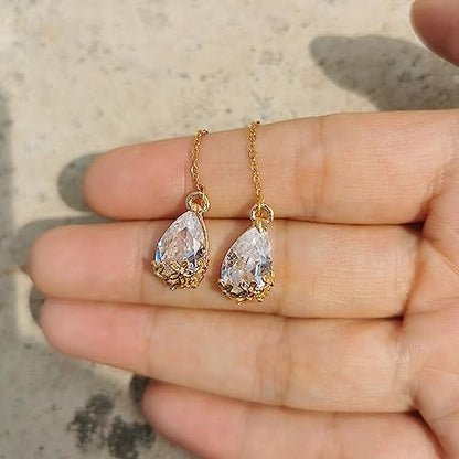 WANGGAO Stainless Steel Water Drop Long Chain Earrings for Women Linear Crystal Threader Earrings Jewelry - color: White