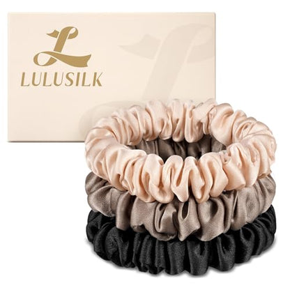 LULUSILK Small Silk Hair Ties No Damage, 100% Real Mulberry Silk, Skinny Scrunchies Ponytail Holders for Thin Fine Hair, Black Brown and Lotus Pink, Pack of 3 - color: Black&Brown&Lotus Pink