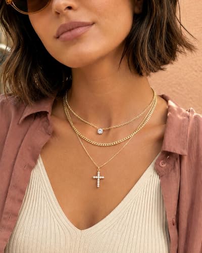Gold Necklace Stack, Layered Gold Necklaces for Women Jewelry Set | 14K Gold Plated, Separate Chains, Pendant, Dainty, Non Tarnish, Delicate, Chain, Multi, Gift - color: 3 Layer-Cross Gold
