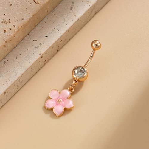 Flower Belly Button Ring for Women 14K Gold Plated Cubic Zirconia Navel Piercing Jewelry Stainless Steel CZ Crystal Charm Belly Ring Hypoallergenic Belly Bar for Women - color: Pnk