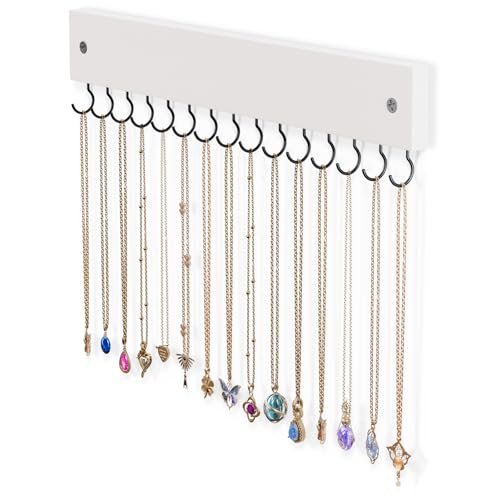 Lolalet Wooden Necklace Holder for Wall with 15 Hooks -White | Wall Mount Jewelry Hangers for Necklaces, Chains, Bracelets and Earrings, Tangle-free, Easy to Install - color: White
