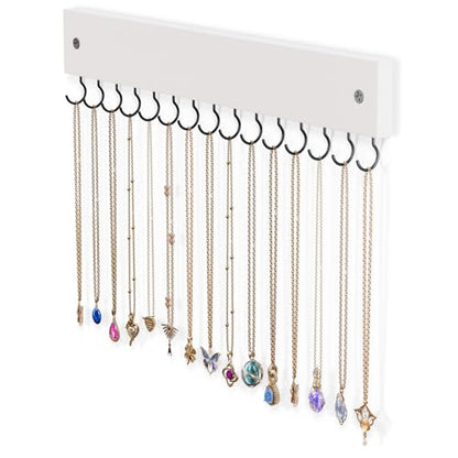 Lolalet Wooden Necklace Holder for Wall with 15 Hooks -White | Wall Mount Jewelry Hangers for Necklaces, Chains, Bracelets and Earrings, Tangle-free, Easy to Install - color: White