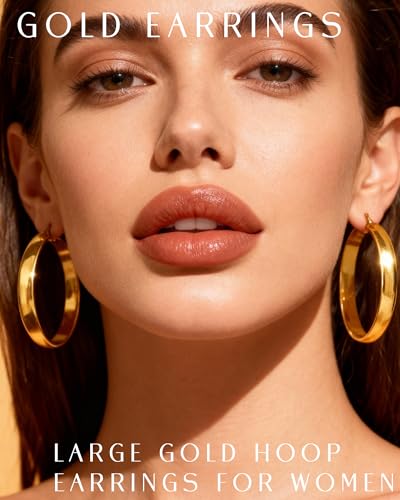 EXGOX 5mm Wide Gold Hoop Earrings for Women,Sterling Silver Hoop Earrings Large Silver Hoop Earrings Hypoallergenic Lightweight 14K Real Gold Plated Big Hoop Earrings for Women 30/40/50/60/70mm - color: 8MM-Gold Hoop-50mm