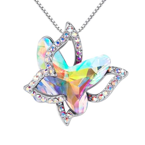 Butterfly Necklace, Birthstone Crystal, for Women, Silver Tone Pendant Jewelry, Anniversary Birthday Gift for Her, Wife & Mom, 18"+2" - color: 04-April Birthstone - Rainbow Opal White Crystal