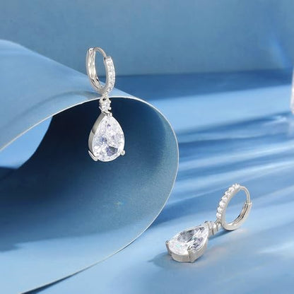 2-4 Pairs Dangle Drop Earrings for Women, 18K Gold Plated Cubic Zirconia Drop Dangle Huggie Hoop Earrings CZ Teardrop Hypoallergenic Jewelry - color: White-2 Pairs-Round/ Teardrop