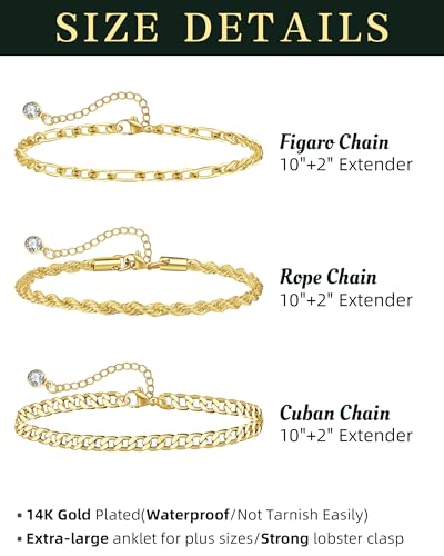 Plus Size Ankle Bracelets for Women - Extra Large 10"+2" Adjustable Anklet 14K Real Gold Plated Anklet Cuban Link, Figaro, Rope, Snake Herringbone - Summer Beach Waterproof Foot Jewelry - color: Figaro,Curb,Rope