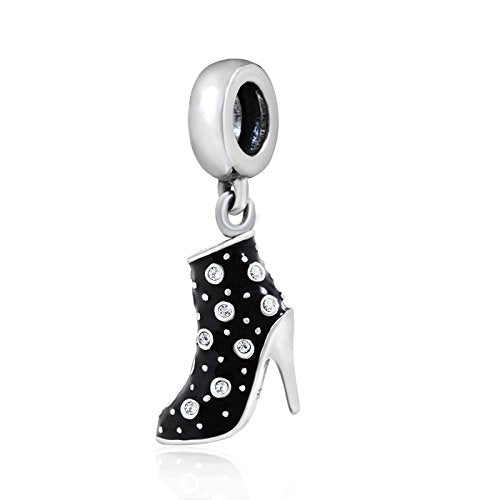 Black High Heel Dangle Charms 925 Sterling Silver Birthstone Gifts Charm for Her Pandora Bracelet - color: Clear