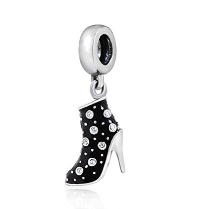Black High Heel Dangle Charms 925 Sterling Silver Birthstone Gifts Charm for Her Pandora Bracelet - color: Clear