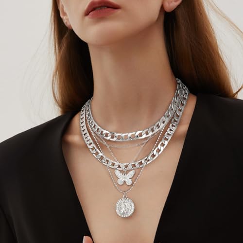 MJartoria Layered Necklaces for Women Trendy Retro Coin Pendant | Dainty Chunky Chain, Choker Necklaces, Jewelry Birthday Gifts - color: Silvery, style: A-X-Butterfly-5 in 1 Layered