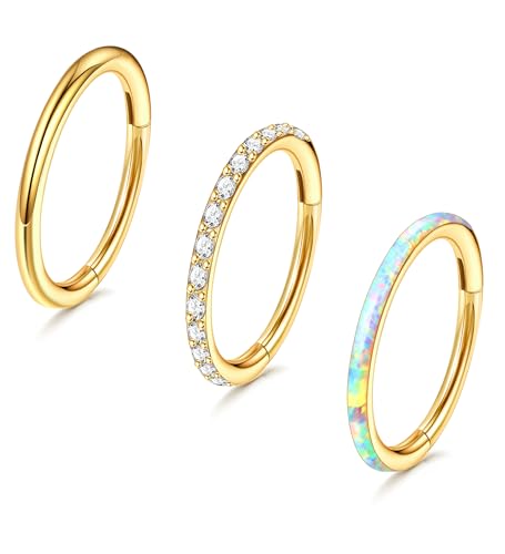 3pcs Nose Rings Hoops - 316L Surgical Steel Hinged Nose Hoops 16G/18G/20G CZ Clicker Septum Nose Ring Lip Helix Cartilage Hoop Earring Daith Rook Conch Body Piercing Jewelry for Women Men 8mm 10mm - color: Gold, size: 16 gauge(1.2mm)-8mm