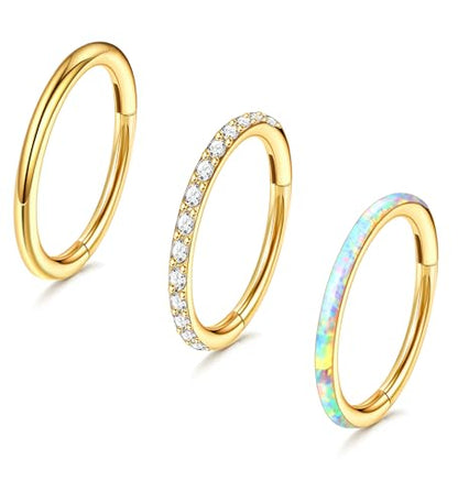 3pcs Nose Rings Hoops - 316L Surgical Steel Hinged Nose Hoops 16G/18G/20G CZ Clicker Septum Nose Ring Lip Helix Cartilage Hoop Earring Daith Rook Conch Body Piercing Jewelry for Women Men 8mm 10mm - color: Gold, size: 16 gauge(1.2mm)-8mm