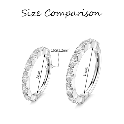 FUNLMO 316L Surgical Steel Nose Ring Septum Ring Cube Zircon Cartilage Earring Conch Tragus Helix Rook Daith Piercing Jewelry - style: 16G 10mm, Silver,horse eyes CZ