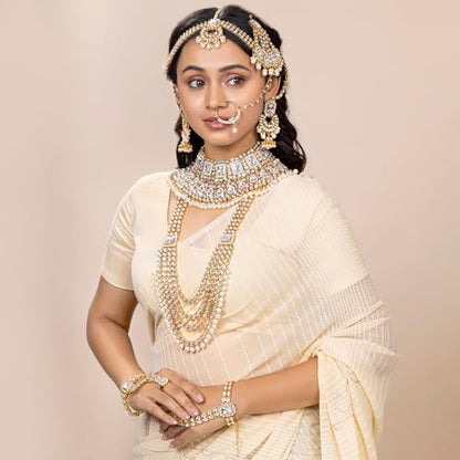 Aheli Traditional Wedding Indian Bharatanatyam jewellery set Long Choker Necklace Earrings Maang Tikka Nath Paasa Hath Phool for Women - color: White-1