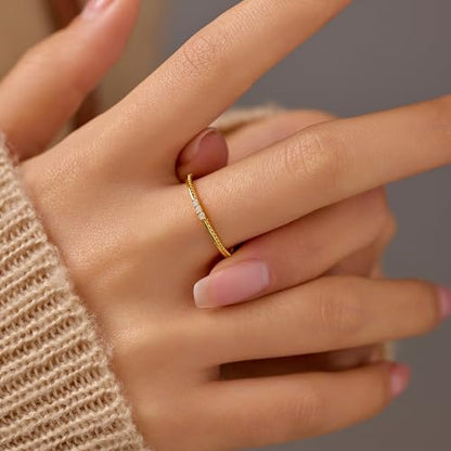 Dainty 14K Gold Plated Cubic Zirconia Rings Eternity Engagement Wedding Band Rings 925 Sterling Silver Stackable Rings for Women Aura Minimalist Knuckle Pinky Finger Ring Mothers Day Jewelry Gifts - color: Gold
