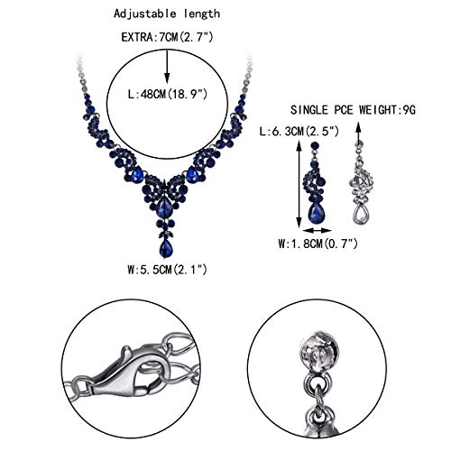 EVER FAITH Rhinestone Crystal Bridal Floral Wave Teardrop Necklace Earrings Set - color: 2pcs_Blue Black-Tone