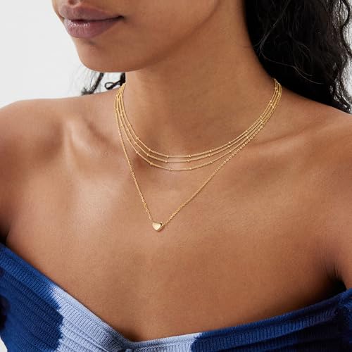 MEVECCO Dainty Choker Necklaces for Women, Beaded and Multi-Row Chains | 14K Gold Plated Brass, Select Silver Plated Brass Options, Polished And Textured Profiles For Everyday Styling - style: Three Layered Bead Chain GD