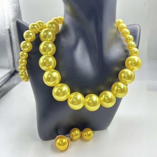 White Faux Pearl Necklace and Earrings Set Big Large Pearl Bead Ball Beaded Choker Necklace Black Pink Pearls Statement Bracelet Ring for Women - color: yellow