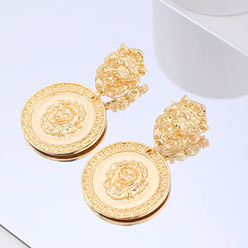 Gold Metal Clip On Earrings for Women Non Pierced Dangle Drop Earrings Multiple Styles - color: gold lion head