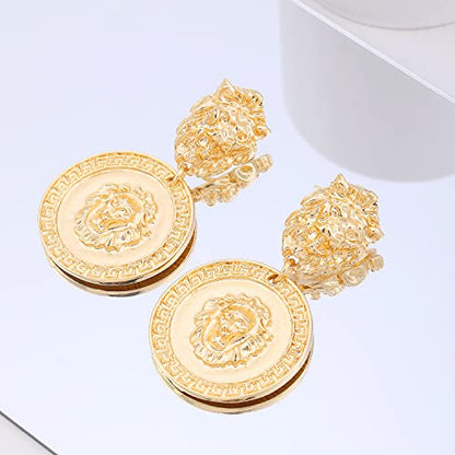 Gold Metal Clip On Earrings for Women Non Pierced Dangle Drop Earrings Multiple Styles - color: gold lion head