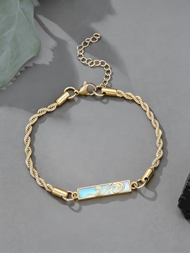 Waves/Tree of Life/Mushrooms/Moon Phase/Butterfly/Hummingbird Bracelet/Anklet 925 Sterling Silver Adjustable Abalone Shell Bar Bracelet/Anklet Summer Jewelry Gifts for Women - color: Waves-Moonstone-Yellow Gold, size: Bracele 7"+2"
