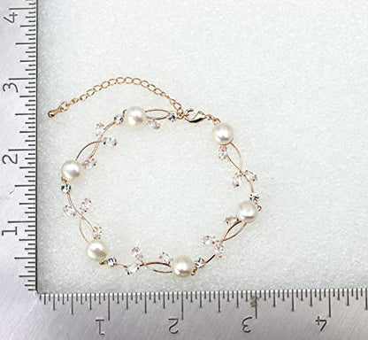 Faship Genuine Freshwater Pearls Floral Necklace Earrings Set | Premium CZ Crystal, Gorgeous, Sparkling - color: Clear / Rose Gold Plated / Matching Bracelet