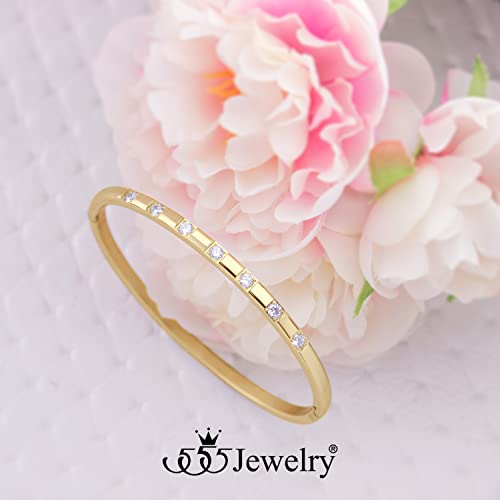 555Jewelry Stainless Steel Thin CZ Cuff Hinged Bangle Bracelet for Women - color: Gold