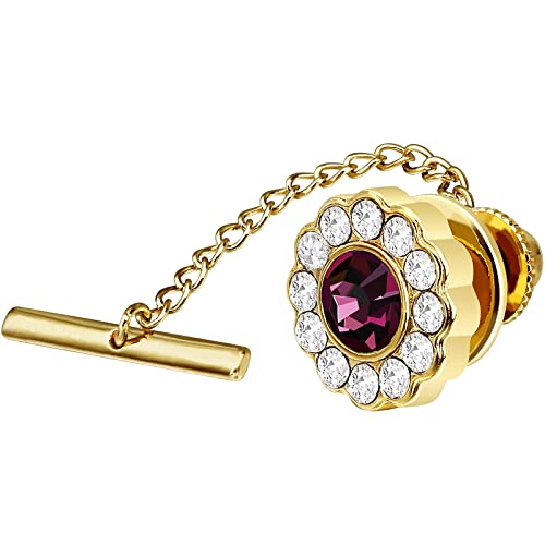 AMITER Crystal/Pearl Tie Tack with Chain, Gold Mens Tie Pin Necktie Pins Lapel Pin for Wedding Birthday Anniversary Party - color: 24k Gold+Purple Crystal