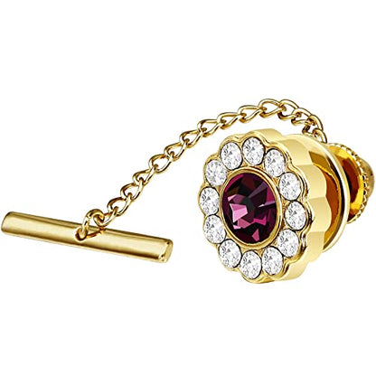 AMITER Crystal/Pearl Tie Tack with Chain, Gold Mens Tie Pin Necktie Pins Lapel Pin for Wedding Birthday Anniversary Party - color: 24k Gold+Purple Crystal